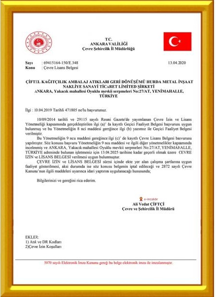 Çiftel Kağıtçılık çevre lisans belgesi